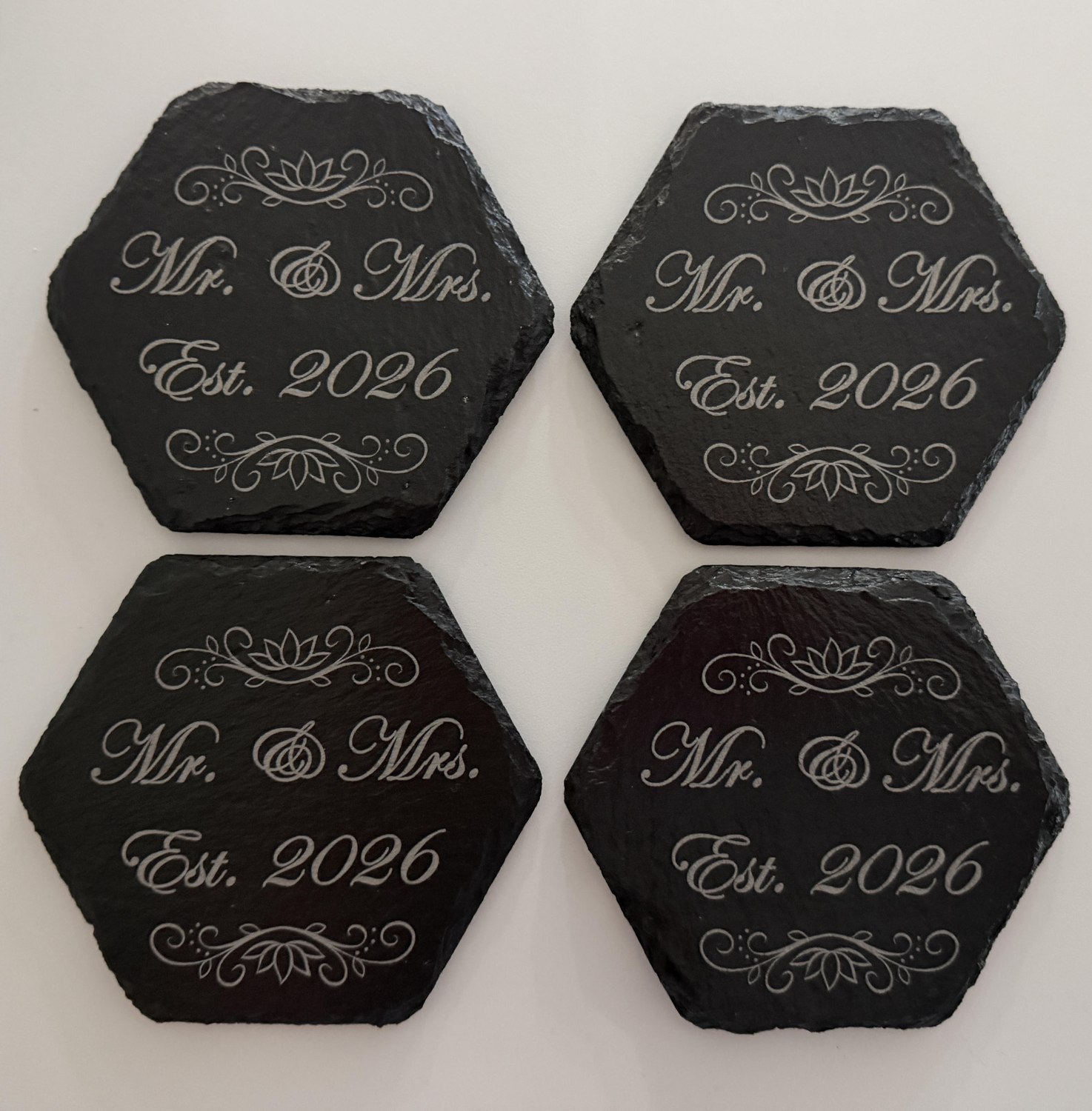 Set of Four Hexagon Wedding Slate Coasters
